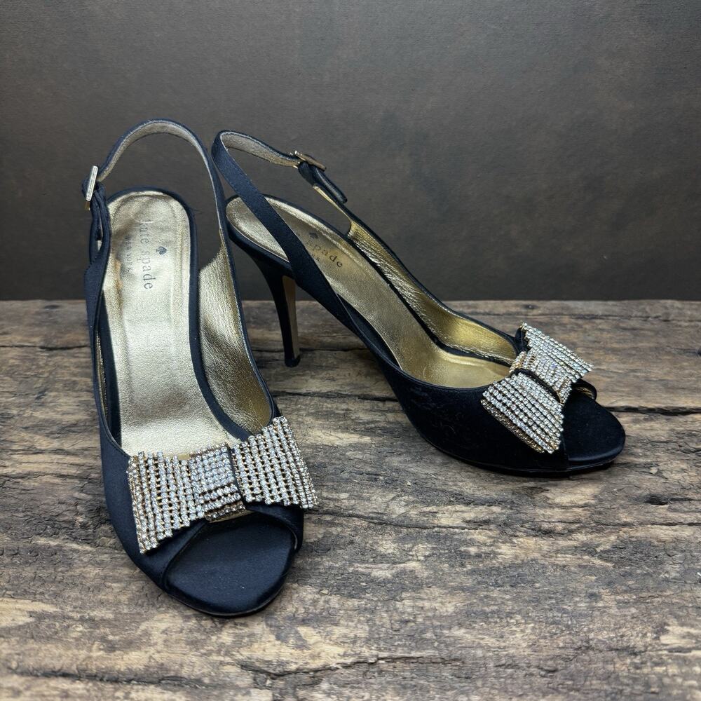 Kate Spade New York Black Satin Crystal Bow Slingback Stiletto Heel 8
